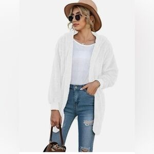 LONGYUAN  white sherpa Jacket Fuzzy Hooded Cardigan Sweater Coat with pockets L